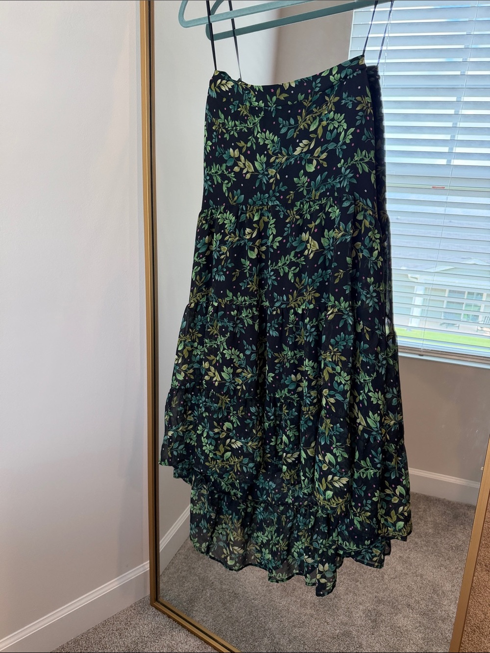 miami Black High-Low Tiered Skirt with Green Leaf Print